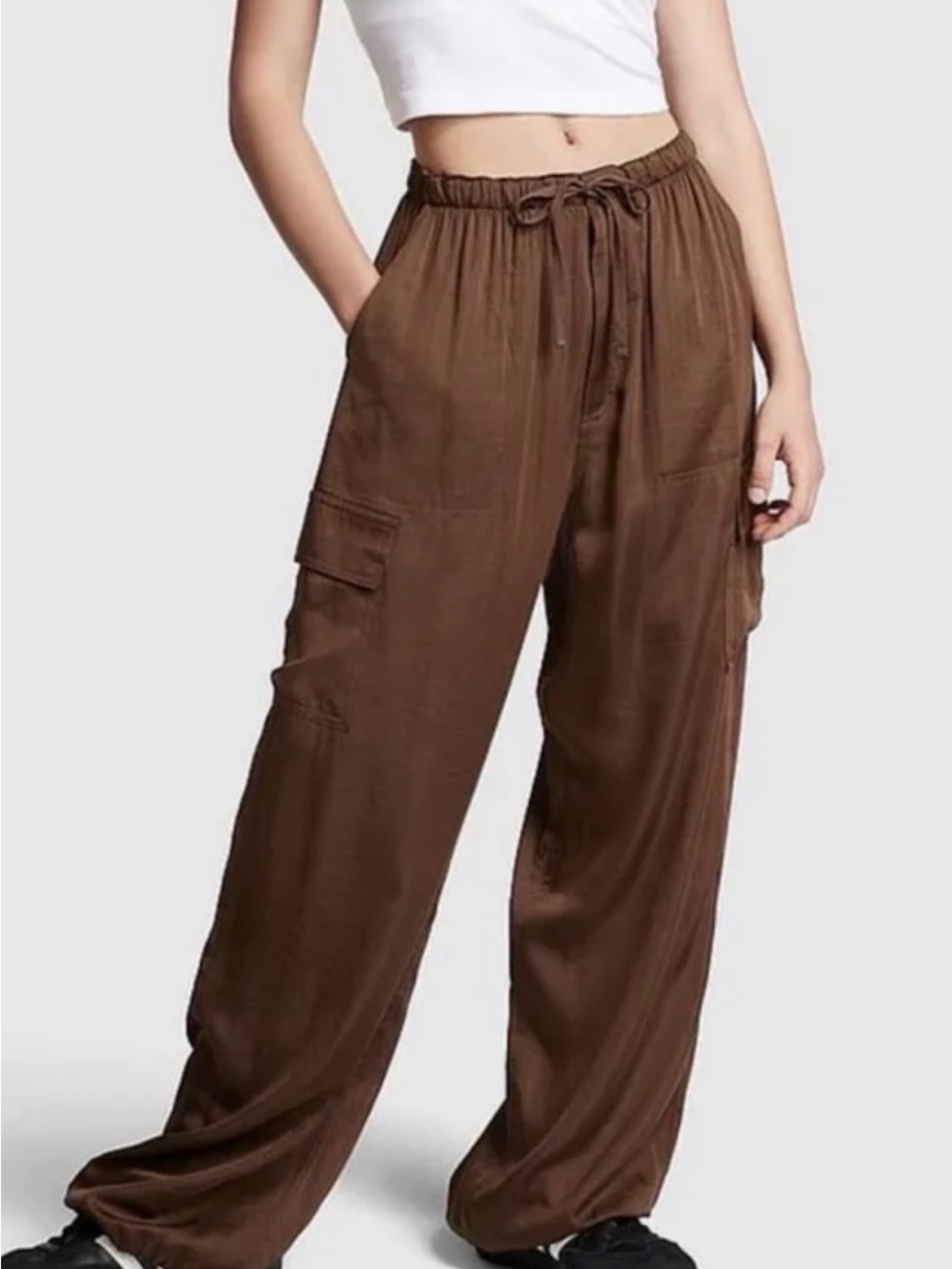 Victoria Secret Pink Satin Cargo Parachute Pants Brown Y2k